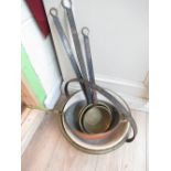 Brass jam pan, copper cullender, stoneware mixing bowl and a set of three brass measured ladles