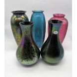 Royal Brierley black, blue and pink iridescent vases, a pair of black iridescent bottle neck