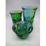 Goran Warff for Kosta Sweden - three green and blue glass vases, all signed Goran Warff Kosta, max