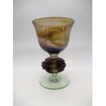 Mdina purple and brown chalice with textured knop stem, signed Mdina Glass, Malta (indistinctly