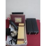 La Guilde Du Vin humidor, a black leather two division wine case, an inlaid wine box, a three