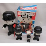 Homepride baking set figure, two other Homepride figures and a Homepride flour dispenser