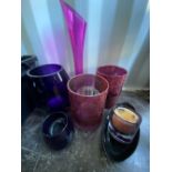 John Lewis Violet barrel glass vase H28cm, pair of red glass tealight lamps, trumpet shaped amethyst