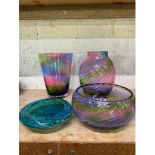 Textured pink, purple and green rainbow Stevens and Williams art deco glass vases and bowl, max