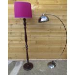 Polished metal floor lamp, domed shade on curved supports and circular base H145cm, turned wooden