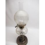 Late C19th- early C20th Bright & Butler oil lamp, faceted clear glass reservoir on single spiral