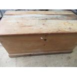 Pitch pine blanket box with wrought iron handles, W95cm D46cm H46cm