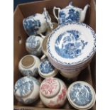 Collection of Mason?s Blue and White and Red and White patterned tableware including Willow