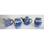 Ringtons tea pot in blue and white willow pattern design, two lidded blue and white jars in