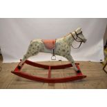 Large dapple grey carved wood rocking horse with rocker mechanism H92cm