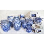 Collection of Ringtons blue and white Hexagonal cathedral jars, cathedral jugs and bridges, tea pots