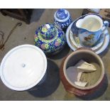 Lidded white enamel bucket, stone glazed urn with two handles, lidded satsuma jar decorated with
