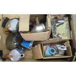 Box of Piquot ware, Mecca spray paint gun, Sponge mincer, jigsaws etc