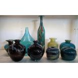 Collection of coloured glass vases including one in the style of Michael Harris-onion vase (9)