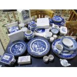 Collection of Ringtons and other Blue and White Willow Pattern tableware including plates, salt