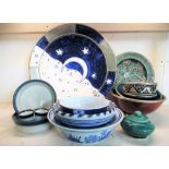 Collection of glazed pottery with chrome decorated edging and detail, a set of Wedgwood 'Blue