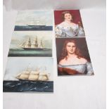 Three Wedgwood ceramic plaques of American ships, two KPM ceramic plaques of ladies