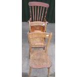 Victorian slat back kitchen armchair on turned supports and pair of Victorian dining chairs with