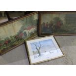 S.V. three pheasants on a winter landscape 27cm x 38cm signed with initials, a pair of Edwardian