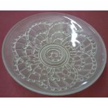 Lalique style French Art Deco opaque glass circular dish, relief decorated with crescents, (24.5cm)