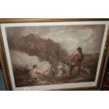 Gilt framed engraving 'The Fern Gatherers' published May 1799, painted by G Moorland, engraved by