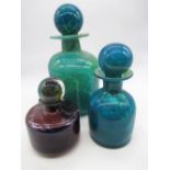 Mdina blue and green glass decanter with stopper H30cm, Mdina blue glass decanter with stopper H20cm