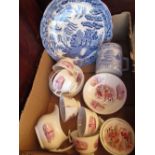 Victorian blue and white transfer printed Willow pattern cake stand, similar blue and white tankard,