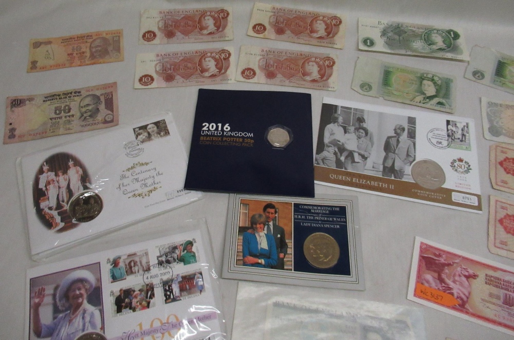 Collection of mixed notes and coins including £1 notes, 10 shilling notes and a Beatrix Potter 50p - Image 15 of 19