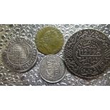 Elizabeth I Silver 6d 1562 milled issue, Geo.III Silver 6d 1817, Morrocan 10 Dirham coin mounted