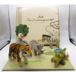 Steiff 2007 Zoo Addition Set including crocodile, tiger, rhinoceros, baboon and zebra, complete with