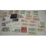 Collection of mixed notes and coins including £1 notes, 10 shilling notes and a Beatrix Potter 50p