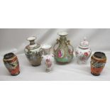 Two orange porcelain jars marked "Made in Japan", oriental vase marked "Noritake", Green two handled