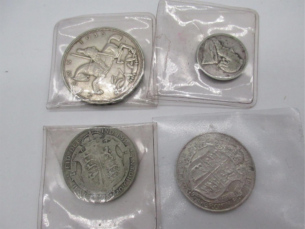 Geo. V crown 1935, Geo. V half crown 1918 and 1920, 1 shilling 1893 (4)