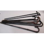 Set of nine walking canes of various styles and woods including bamboo, ebony etc (9)