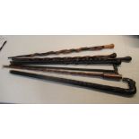 Set of seven walking sticks of various woods and with barley twist, and snake carvings (7)