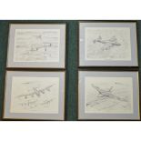 Collection of four prints of pencil drawing by B. Wallond depicting various air craft, signed by