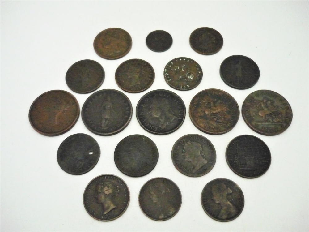 Collection of Victorian Canadian copper coins and bank tokens including New Brunswick, Nova