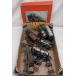 Quantity of Hornby tinplate "OO" gauge including box Hornby loco wagons, etc and unboxed track