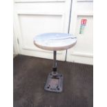 Unusual C20th stool, circular wooden top on cast metal base, constructed from a large clamp