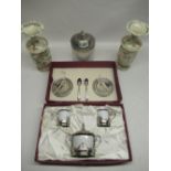 Mid C20th cased coffee service for two, C20th pressed glass biscuit barrel with plated rim and lid