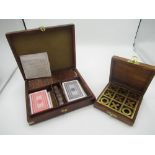 Hard wood and brass cased noughts and crosses set, and card/domino games set (2)