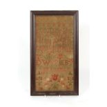 Property of a lady - a 19th century sampler, in glazed frame, 19.3 by 11ins. (49 by 28cms.) (