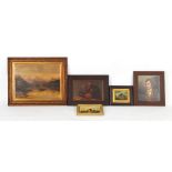 Property of a lady - five assorted framed oil paintings including a small oil inscribed 'James