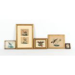 Property of a gentleman - a group of six watercolour & bird feather pictures depicting birds, in