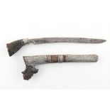 Property of a deceased estate - a 19th century Malay sewar dagger or tumbok lada, with carved horn