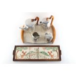 Property of a lady - a Picquot Ware four piece tea set on tray; together with an oak tray inset with