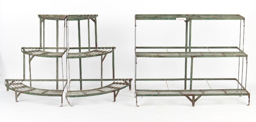 Property of a gentleman - a green painted metal three tier plant or garden pot stand, 39.5ins. (