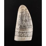 Property of a gentleman - a scrimshaw whale's tooth, incised with a three masted sailing warship