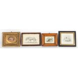 Property of a gentleman - a group of four small drawings & an oil, all depicting dogs, all framed (