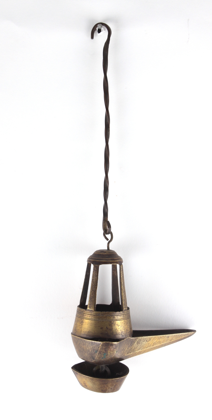 Property of a lady - a bronze hanging oil lamp, 18th / 19th century, with wrought iron suspension